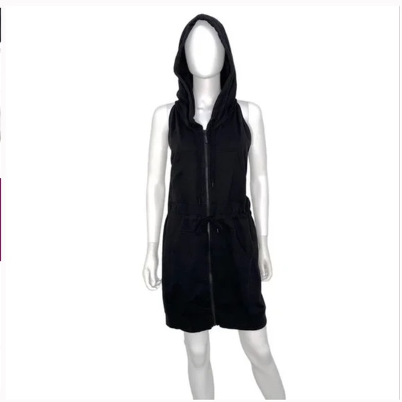 Norma Kamali Sleeveless Jersey Utility Tunic Hooded Vest Dress Zip Front Black - Picture 1 of 8